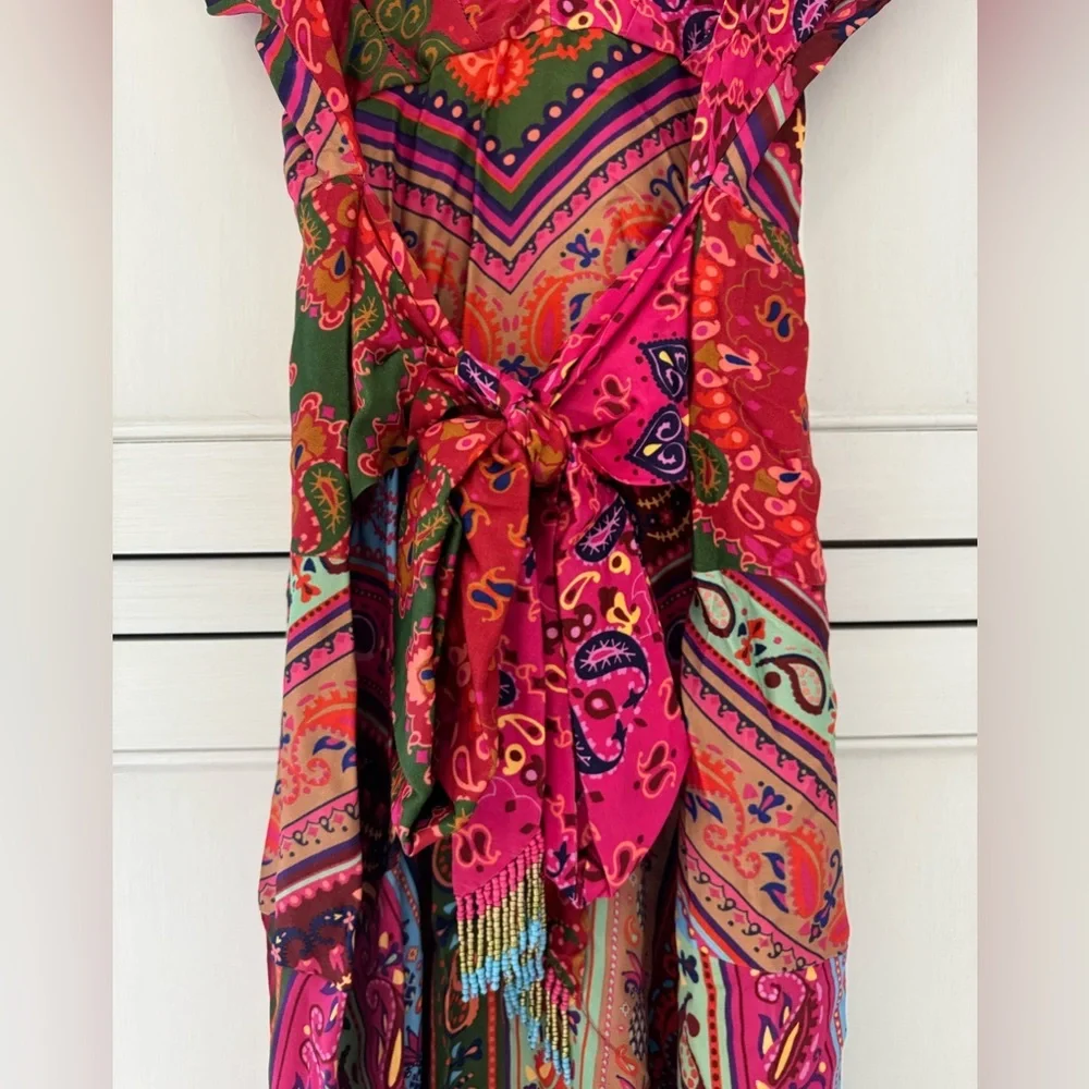 Farm Rio Colorful Floral Bandana Beaded Belt Waist Midi Dress size S - Picture 6 of 10